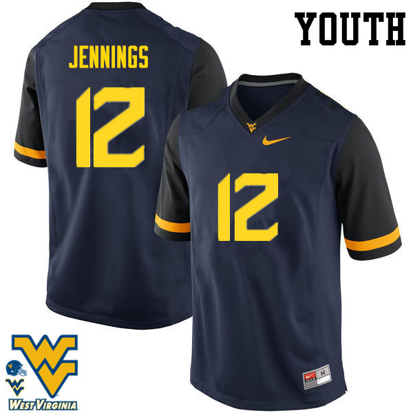 Youth #12 Gary Jennings West Virginia Mountaineers College Football Jerseys-Navy - Click Image to Close